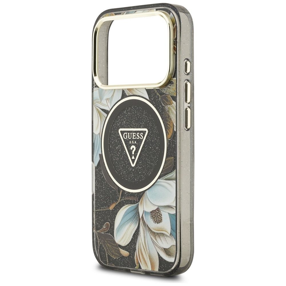 f45e4106f7ae39d6db7f972ebb6abf1b GUESS case for IPHONE 17 Pro compatible with MagSafe GUHMP17LHFLPEDK (IML Metal Glitter Flowers Triangle) black