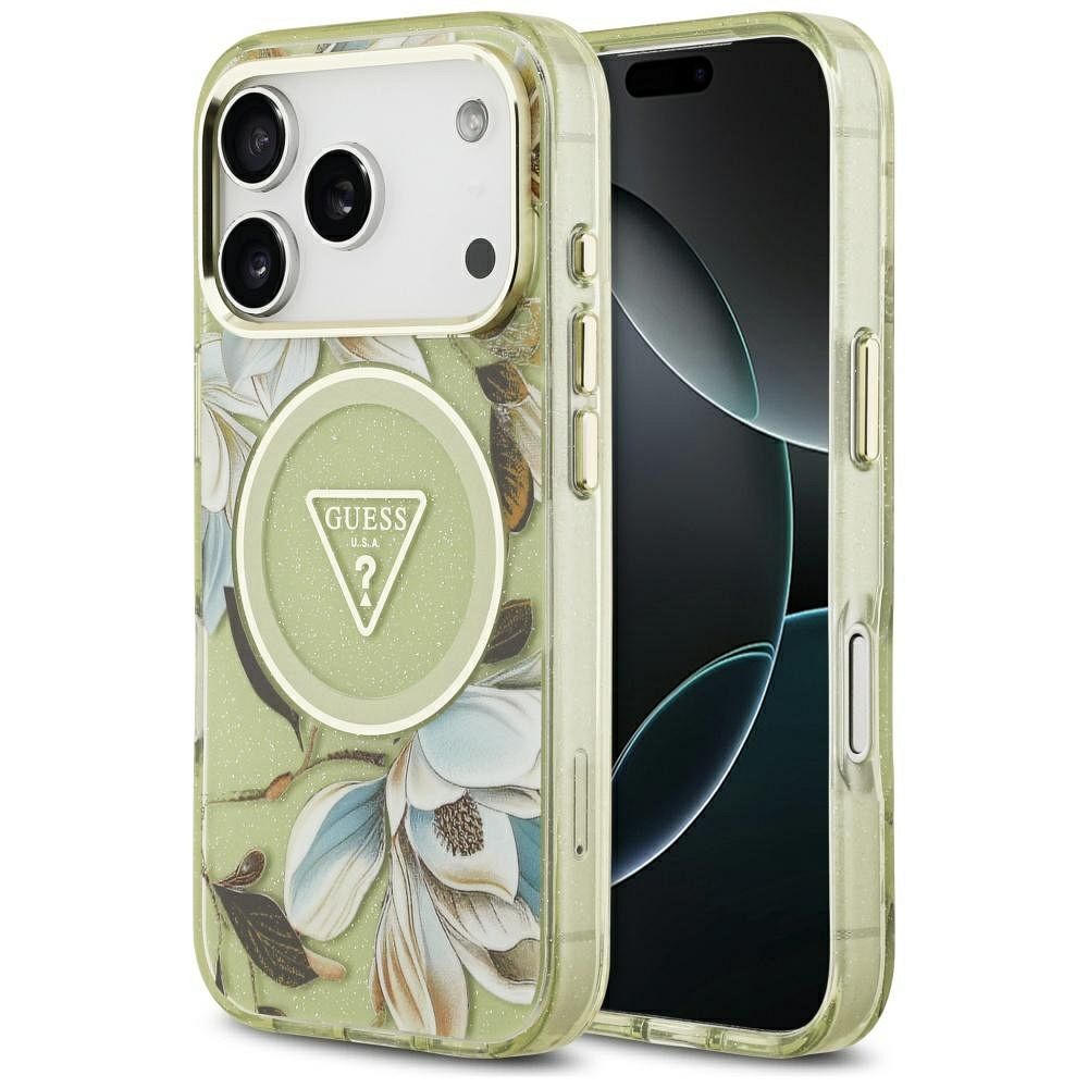f476cb2dc28bc796527fda0abbb2ba40 GUESS case for IPHONE 17 Pro compatible with MagSafe GUHMP17LHFLPEDN (IML Metal Glitter Flowers Triangle) green