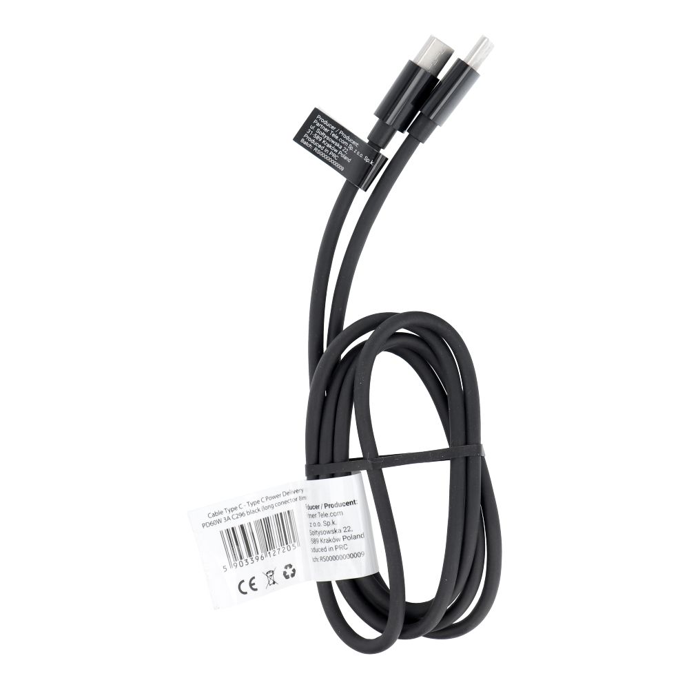 fa91c1d317a4a62b6cf8da6590015aa9 Cable Type C to Type C PD QC 3A 60W C296 (long conector 8mm) 1 m black