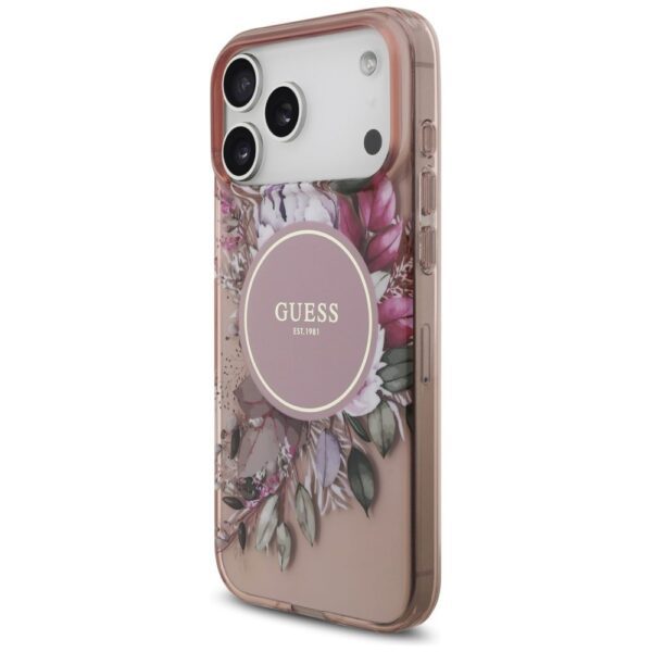 GUESS case for IPHONE 17 Pro Max compatible with MagSafe GUHMP17XHFWBRCESP (IML Flowers with Pearl Strap) pink