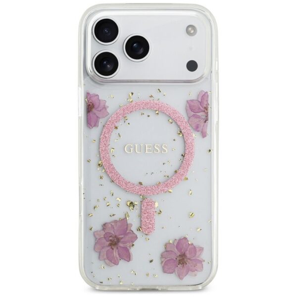 GUESS case for IPHONE 17 Pro Max compatible with MagSafe GUHMP17XRBFGFGMP (Resin Flowers and Glitter) pink