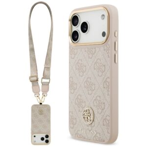 Original Case GUESS 4G Strass Logo & Big Strap Metal Buttons MagSafe for Iphone 17 Pro Max pink