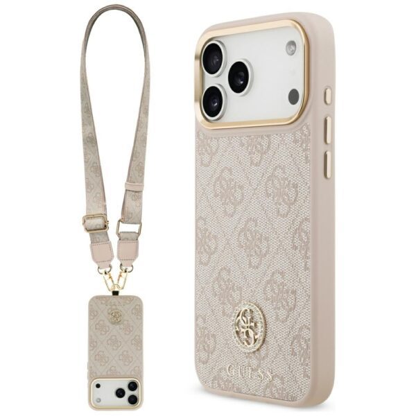 Original Case GUESS 4G Strass Logo & Big Strap Metal Buttons MagSafe for Iphone 17 Pro Max pink