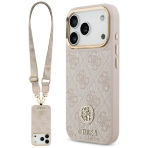 Original Case GUESS 4G Strass Logo & Big Strap Metal Buttons MagSafe for Iphone 17 Pro pink