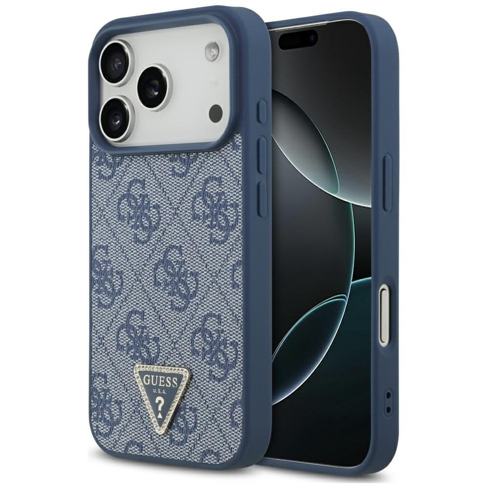Original Case GUESS Leather 4G Triangle Strass MagSafe for Iphone 17 Pro blue