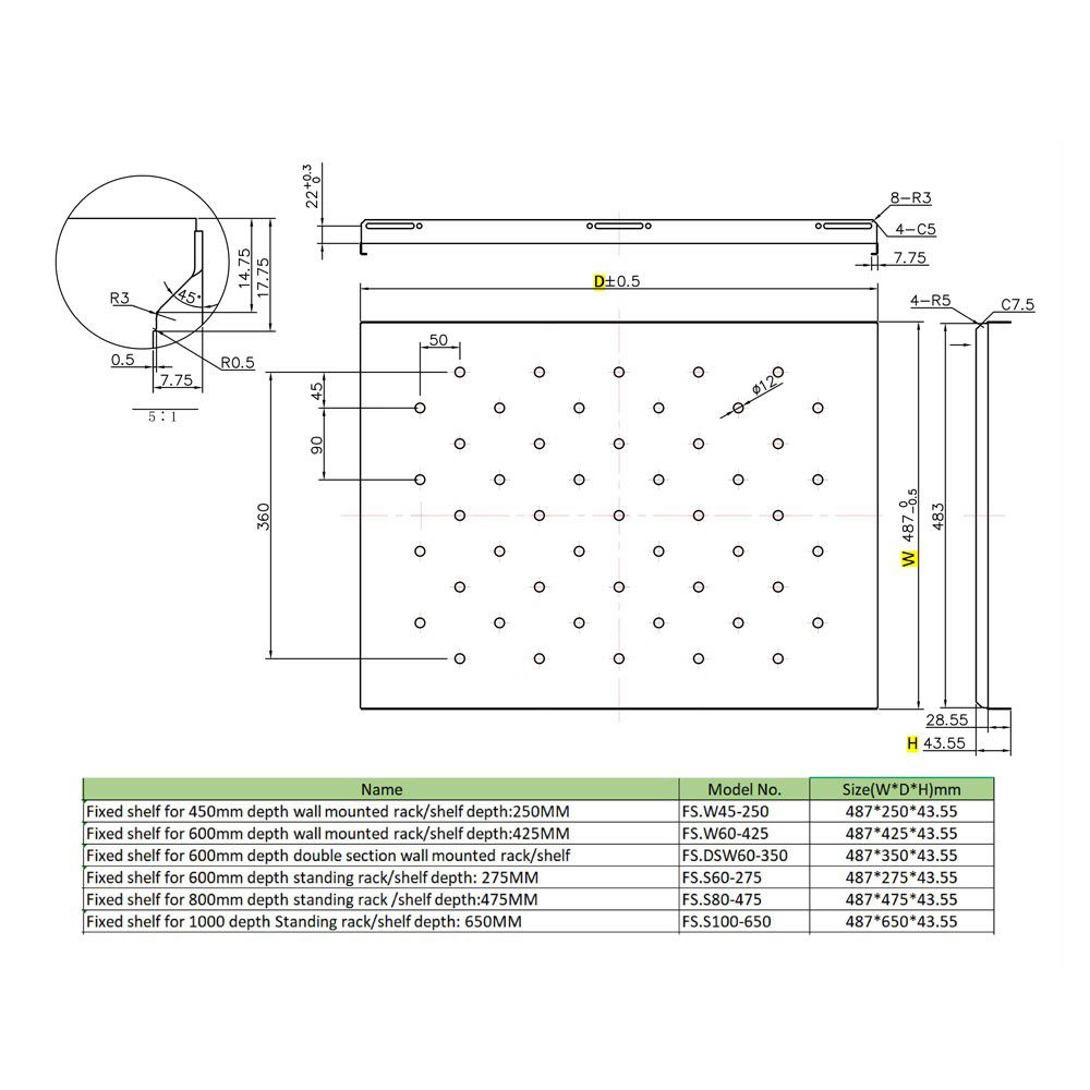 0285347 Σταθερό Ράφι Power On FS.S100-650 για Επιδαπέδια Καμπίνα Βάθους 1000mm