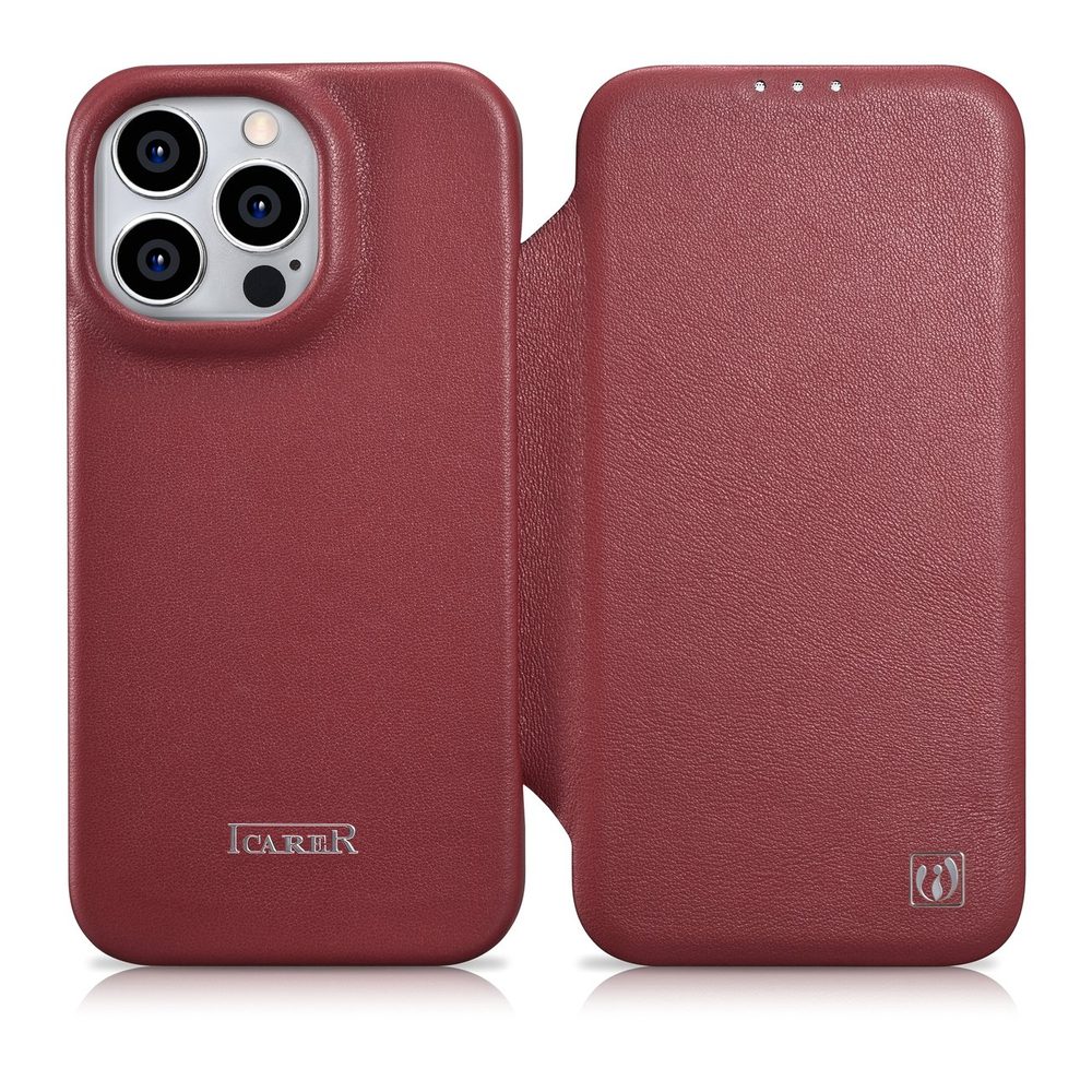 107149_1 iCarer CE Premium Leather Folio Case iPhone 14 Pro Magnetic Flip Leather Folio Case MagSafe Red (WMI14220714-RD)eng