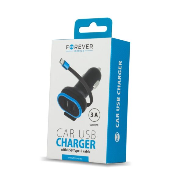 Forever CC-02 car charger 2x USB 3A black with USB-C cable 0,2 m