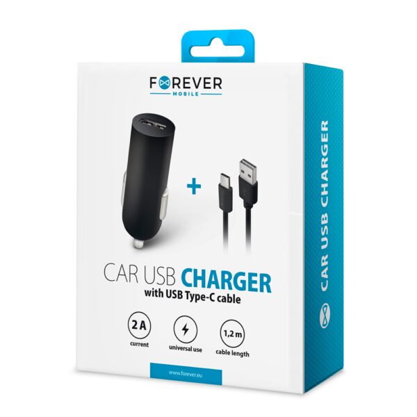 Forever M02 car charger 1x USB 2A black + USB-C cable