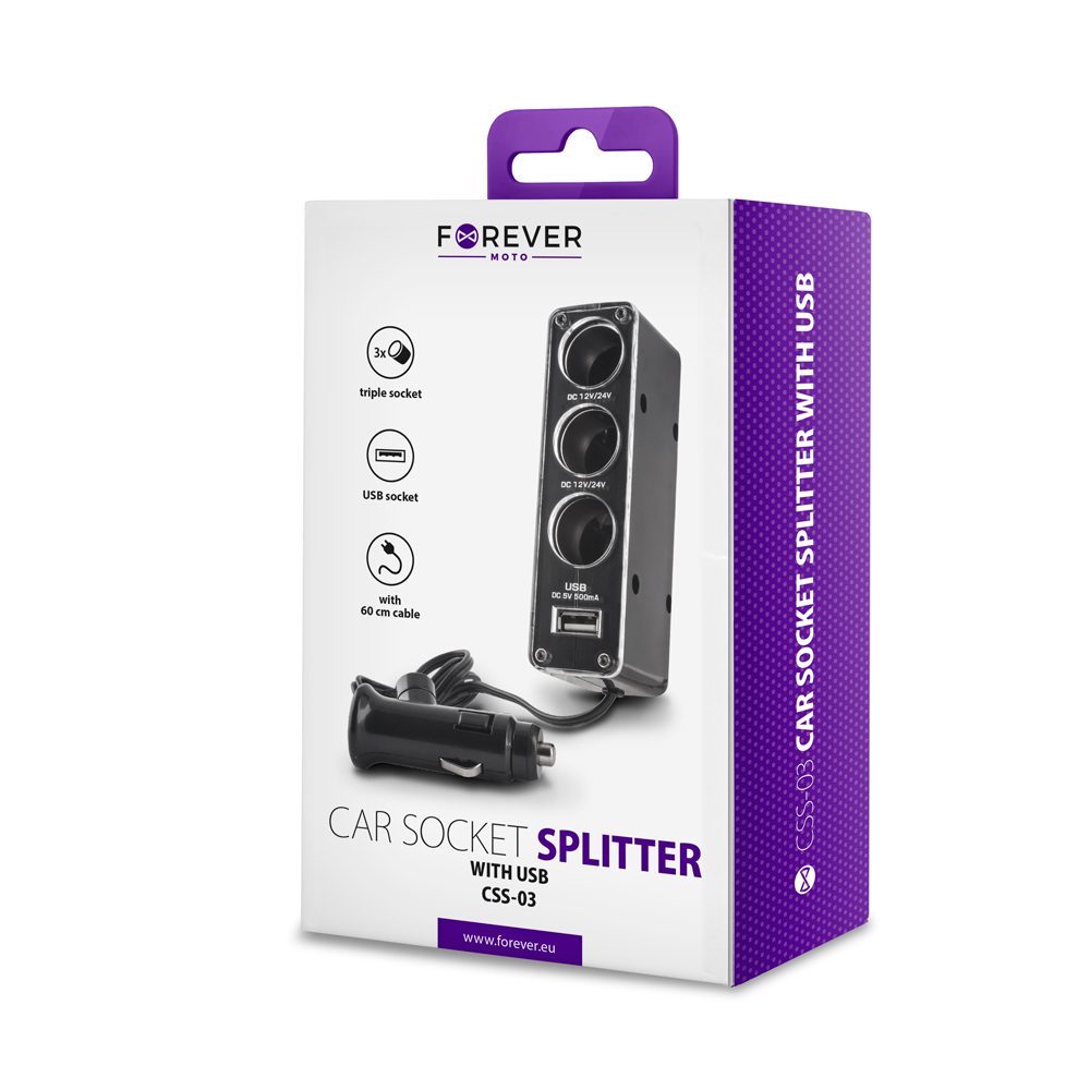 146348_oryg Forever socket splitter 3in1 with USB cable CSS-03