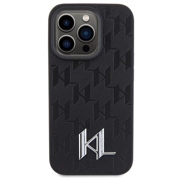 152997_3 Karl Lagerfeld Leather Monogram Hot Stamp Metal Logo case for iPhone 15 Pro - blackeng
