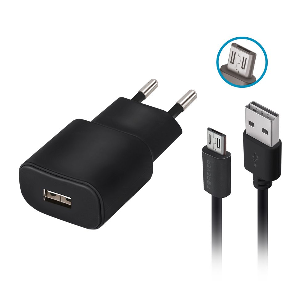 162433_oryg Forever TC-01 charger 1x USB 2A black + microUSB cable
