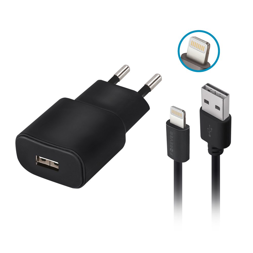 162434_oryg Forever TC-01 charger 1x USB 2A black + Lightning cable