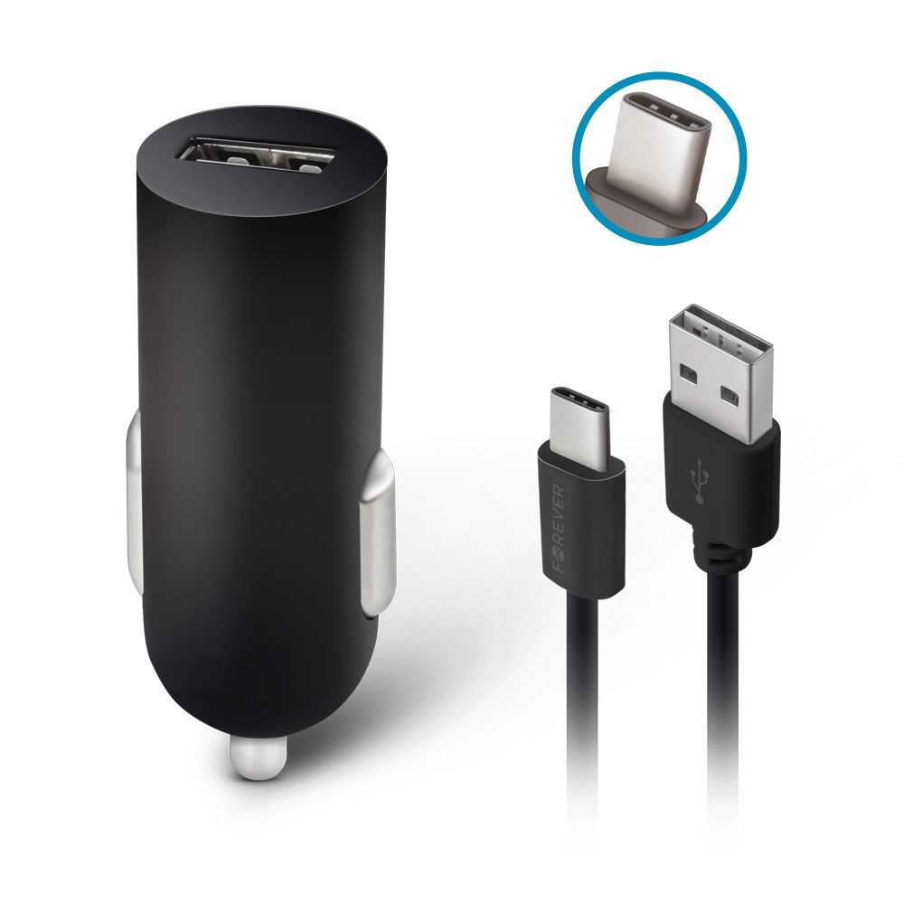 162442_oryg Forever M02 car charger 1x USB 2A black + USB-C cable