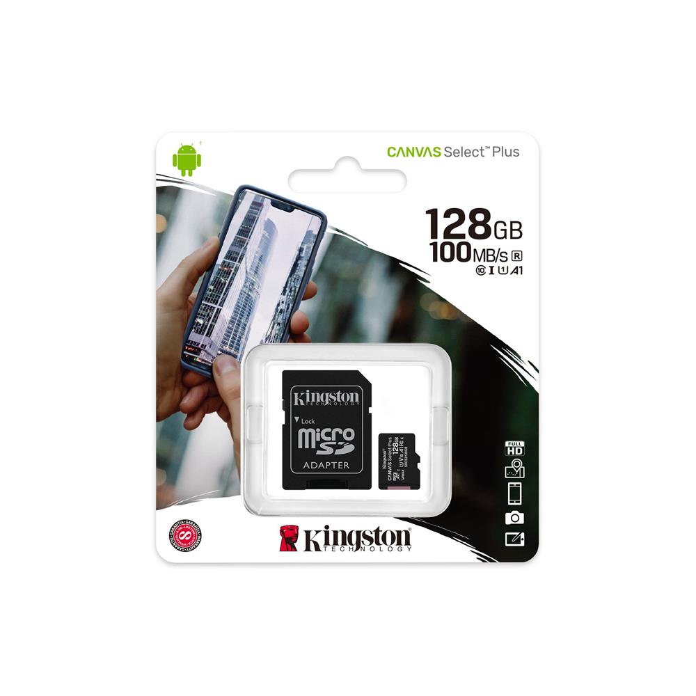 168134_oryg Kingston memory card 128GB microSDXC Canvas Select Plus cl. 10 UHS-I 100 MB/s + adapter