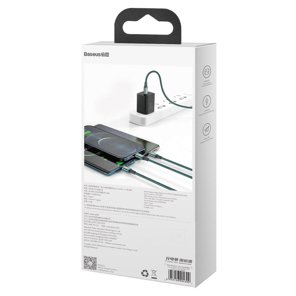 Baseus Rapid Series 3in1 USB-C - USB-C / Lightning / micro USB cable 20W PD 1.5m - greeneng
