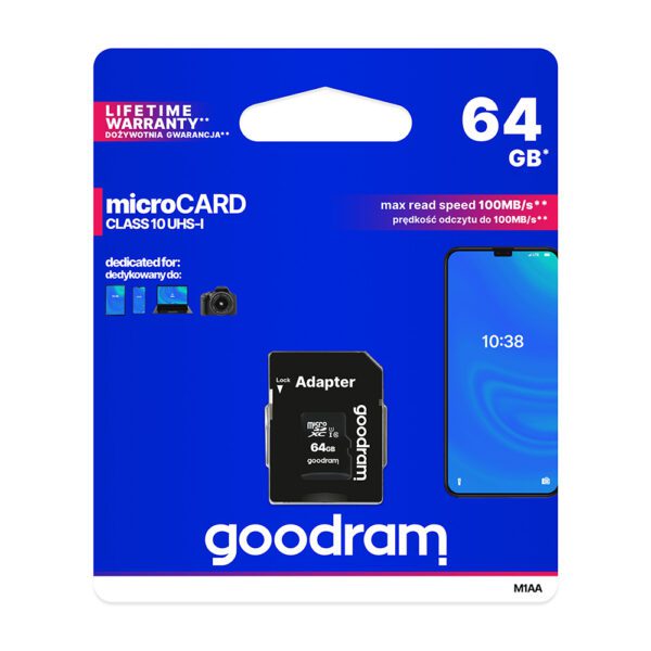 175909_oryg GoodRam memory card 64GB microSDXC cl. 10 UHS-I 30 / 15 MB/s + adapter