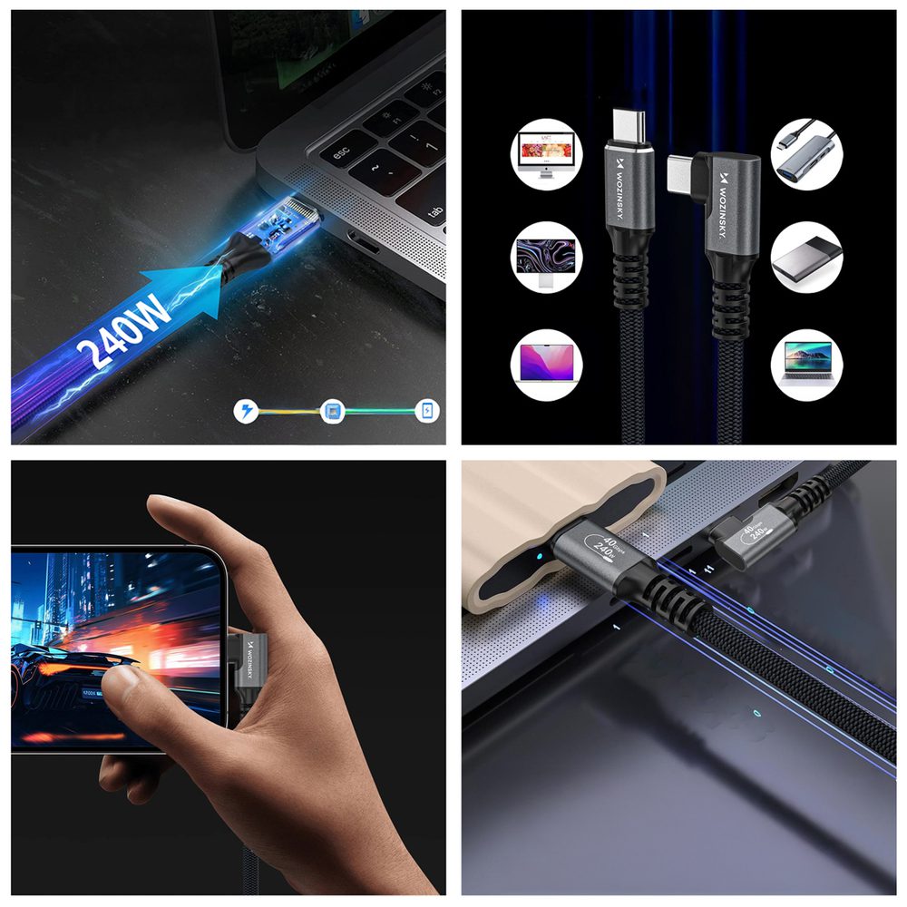 Kabel kątowy Wozinsky WPS2-UY41S USB-C Thunderbolt 4 240W 2m 4K - czarnypol