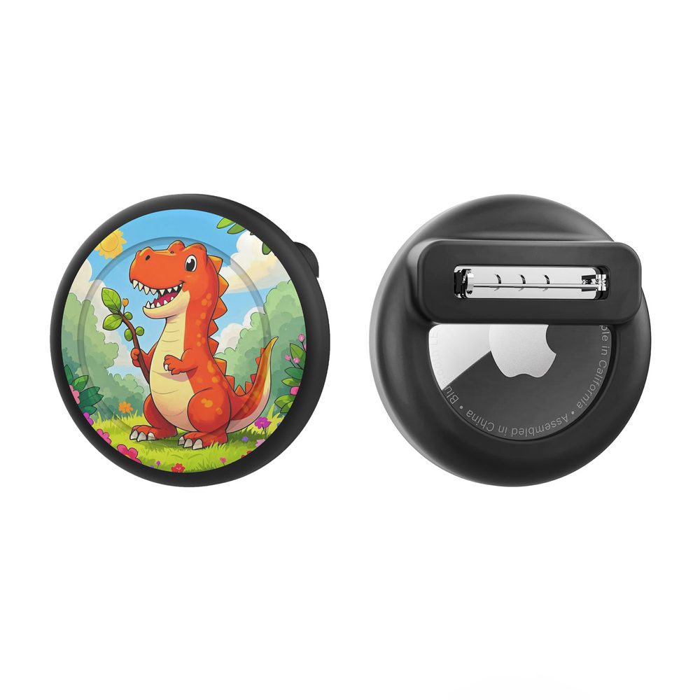 Etui przypinka na AirTag - czarna z nadrukiem dinozaurapol