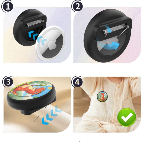 Etui przypinka na AirTag - czarna z nadrukiem dinozaurapol