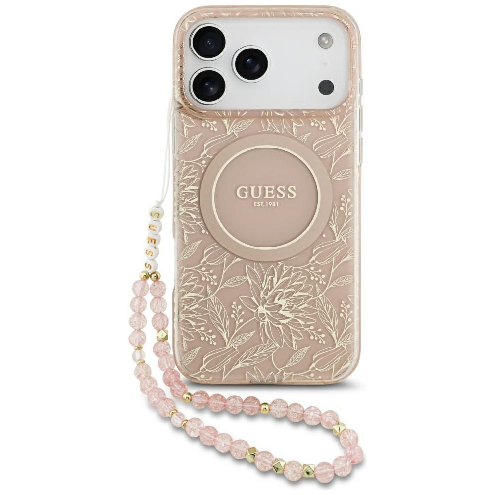 201480_1 Guess IML Flowers Electro Pearl Strap MagSafe Case for iPhone 17 Pro Max - Pinkeng