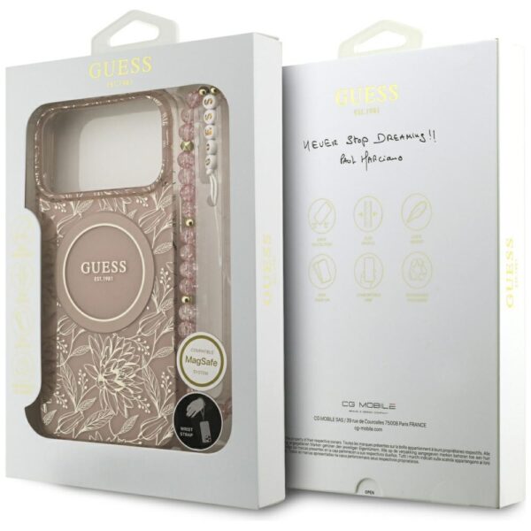 Guess IML Flowers Electro Pearl Strap MagSafe Case for iPhone 17 Pro Max - Pinkeng