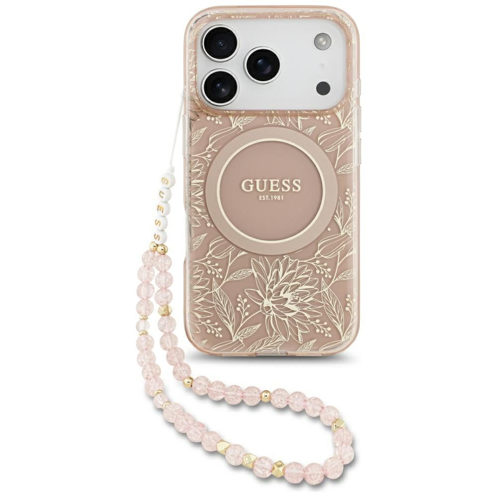 Guess IML Flowers Electro Pearl Strap MagSafe Case for iPhone 17 Pro - Pinkeng
