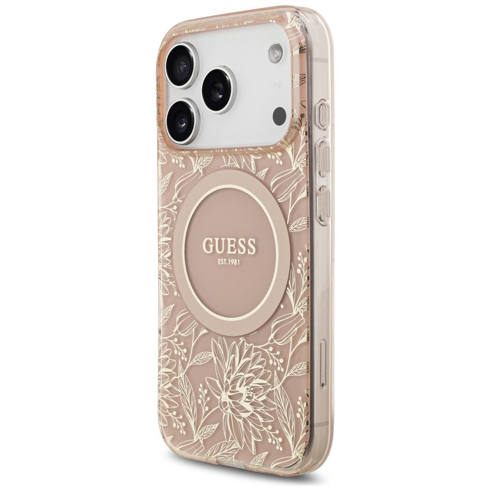 Guess IML Flowers Electro Pearl Strap MagSafe Case for iPhone 17 Pro - Pinkeng