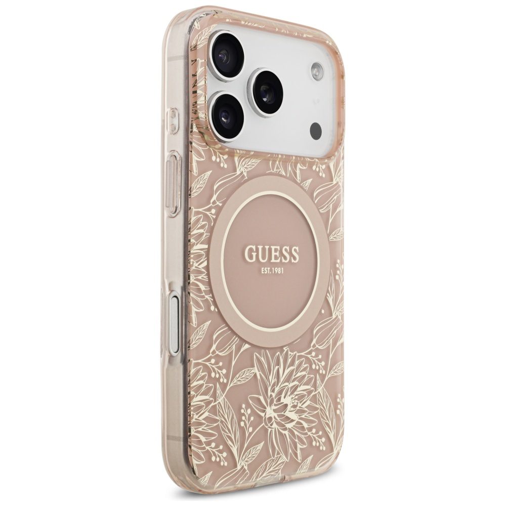 Guess IML Flowers Electro Pearl Strap MagSafe Case for iPhone 17 Pro - Pinkeng