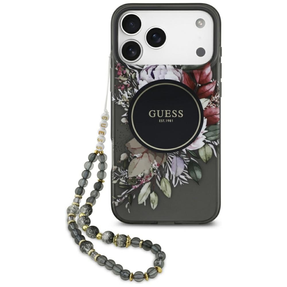 Guess IML Flowers Pearl Strap MagSafe case for iPhone 17 Pro Max - blackeng
