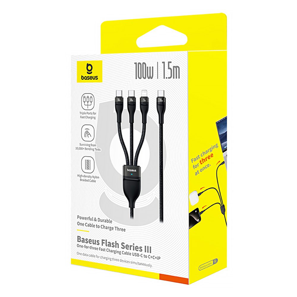Baseus Flash Series 3 3in1 cable 100W USB-C - USB-C+USB-C+ Lightning 1.5m + 3 x 0.25 m - blackeng