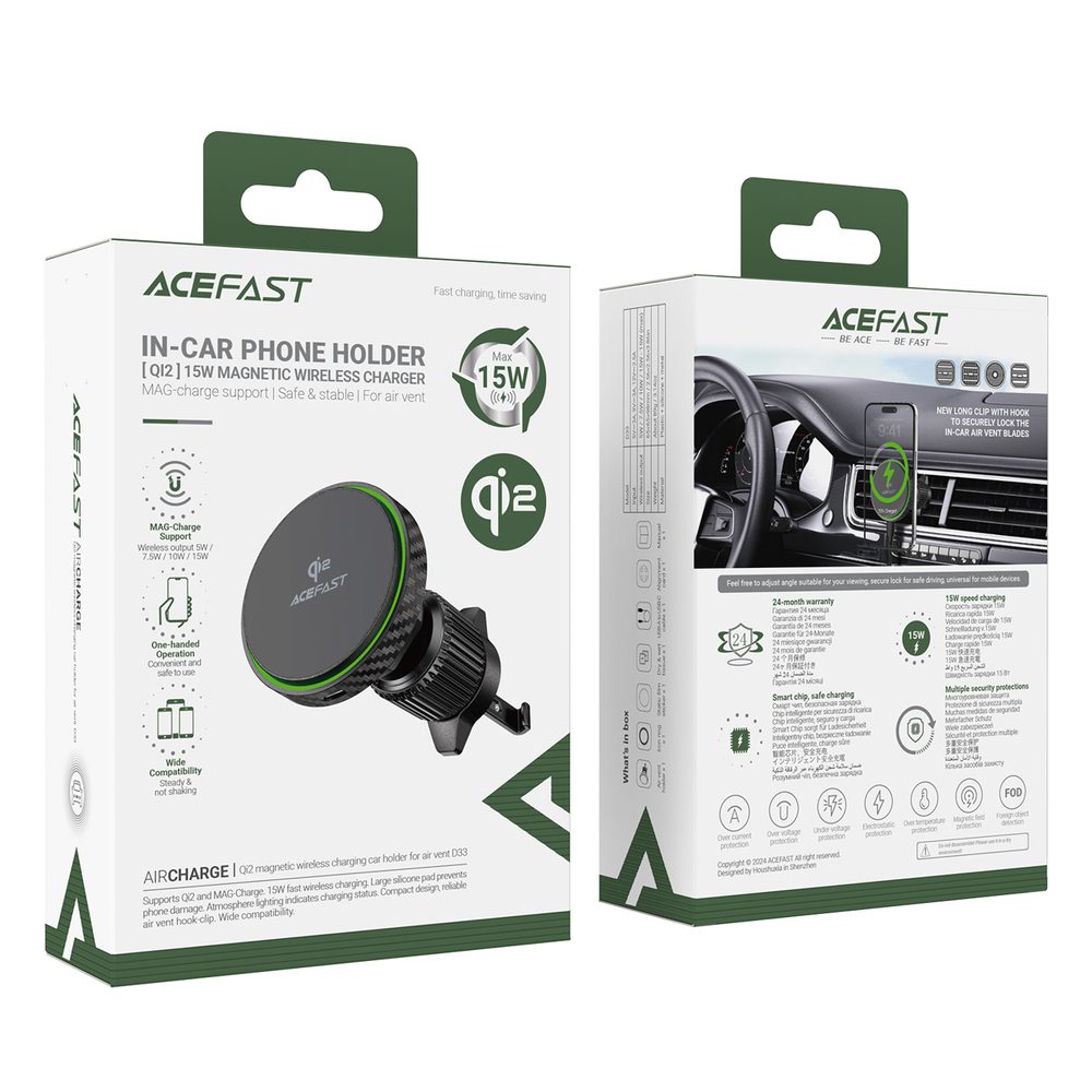 Acefast D33 Car Holder with Qi2 15W Magnetic Charger for Air Vent - Blackeng