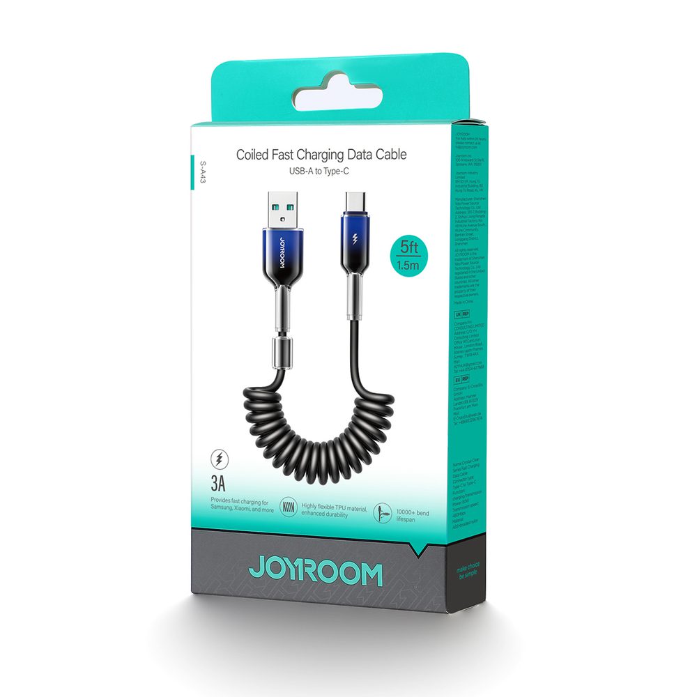 Joyroom S-A43 Crystal-Clear Series 3A USB-A - USB-C spiral cable 1.5m - blackeng