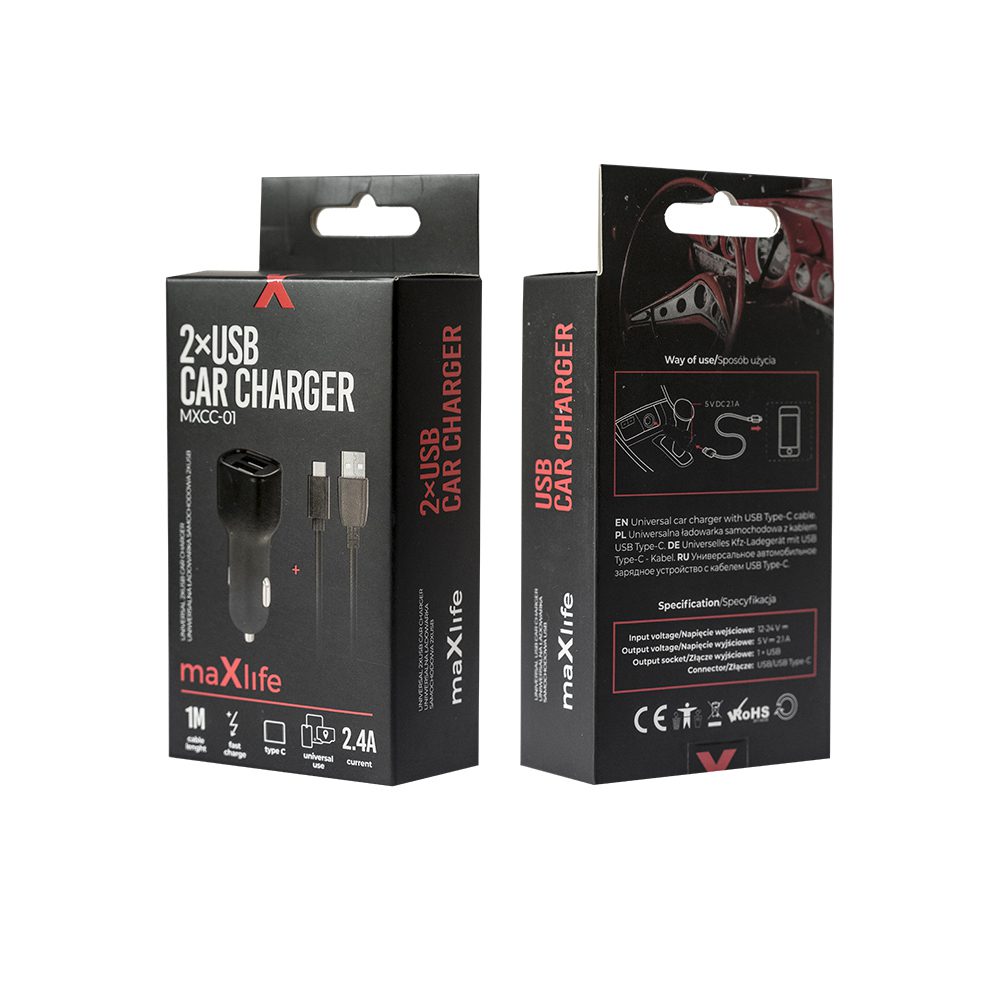 202864_oryg Maxlife MXCC-01 car charger 2x USB 2.4A black + USB-C cable