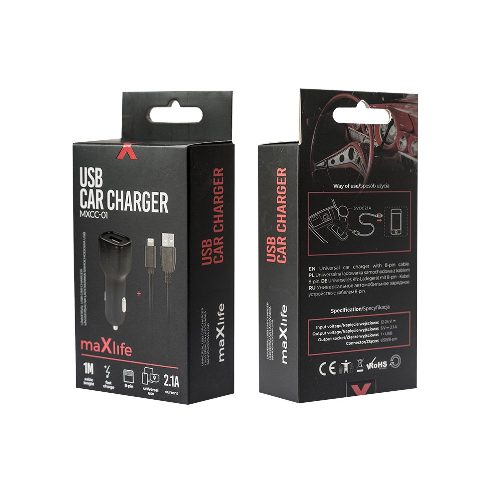 202868_oryg Maxlife MXCC-01 car charger 1x USB 2.1A black + Lightning cable
