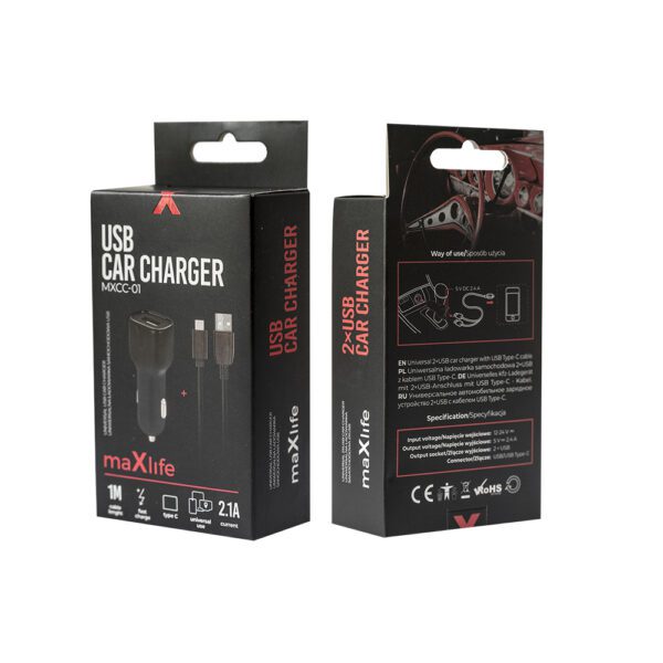 202869_oryg Maxlife MXCC-01 car charger 1x USB 2.1A black + USB-C cable