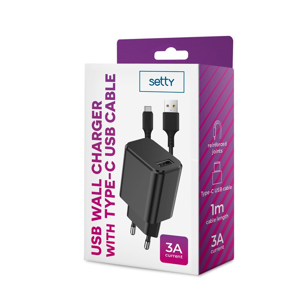 218298_oryg Setty charger 1x USB 3A black + USB-C cable 1,0 m