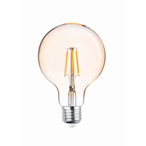Vintage light bulb on wite background. LED Bulb Filament E27 G95 4W 230V 2200K 400lm COG gold Forever Light