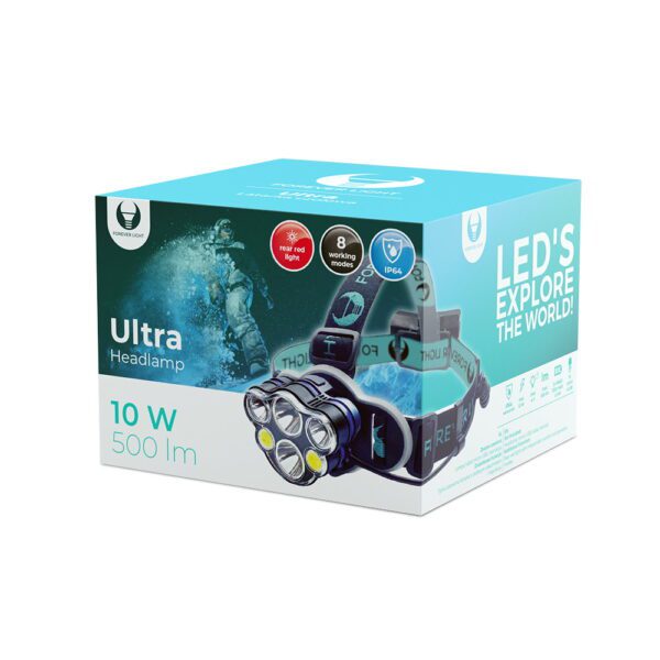 LED Headlamp Ultra T6 2x 10W + XP-E 2x 3W 500lm 2x 18650 1800mAh Li-Ion Forever Light