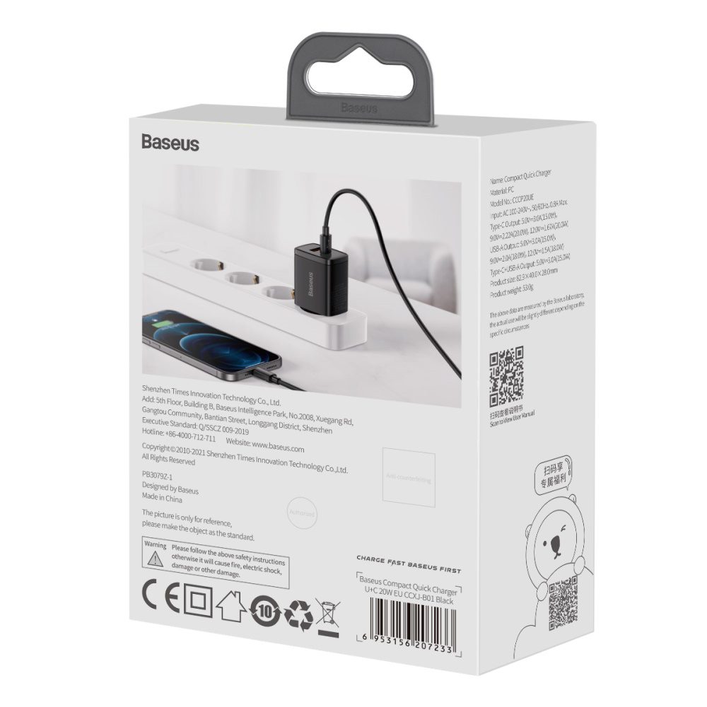 Baseus wall charger Compact PD 20W 1x USB-C 1x USB black