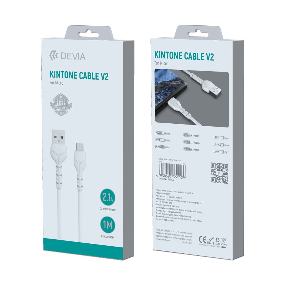 265452_oryg Devia cable Kintone EC144 USB - MicroUSB 1,0 m 2,1A white