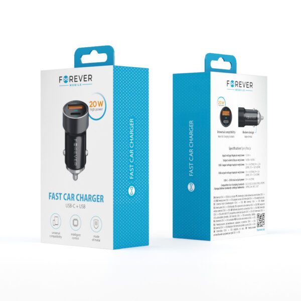 Forever CC-06 PD QC car charger 1x USB-C 1x USB 20W black