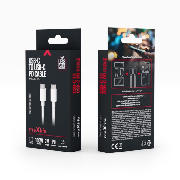 Maxlife MXUC-05 cable USB-C - USB-C 2,0 m 100W white