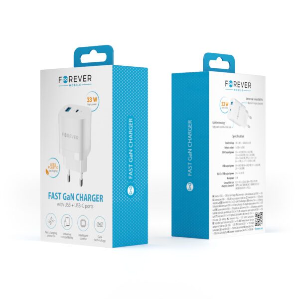 Forever TC-05-33AC GaN PD QC charger 1x USB-C 1x USB 33W white