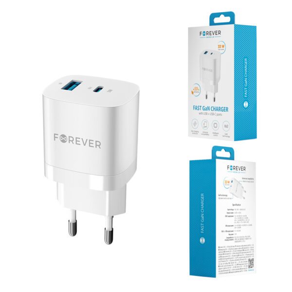 Forever TC-05-33AC GaN PD QC charger 1x USB-C 1x USB 33W white