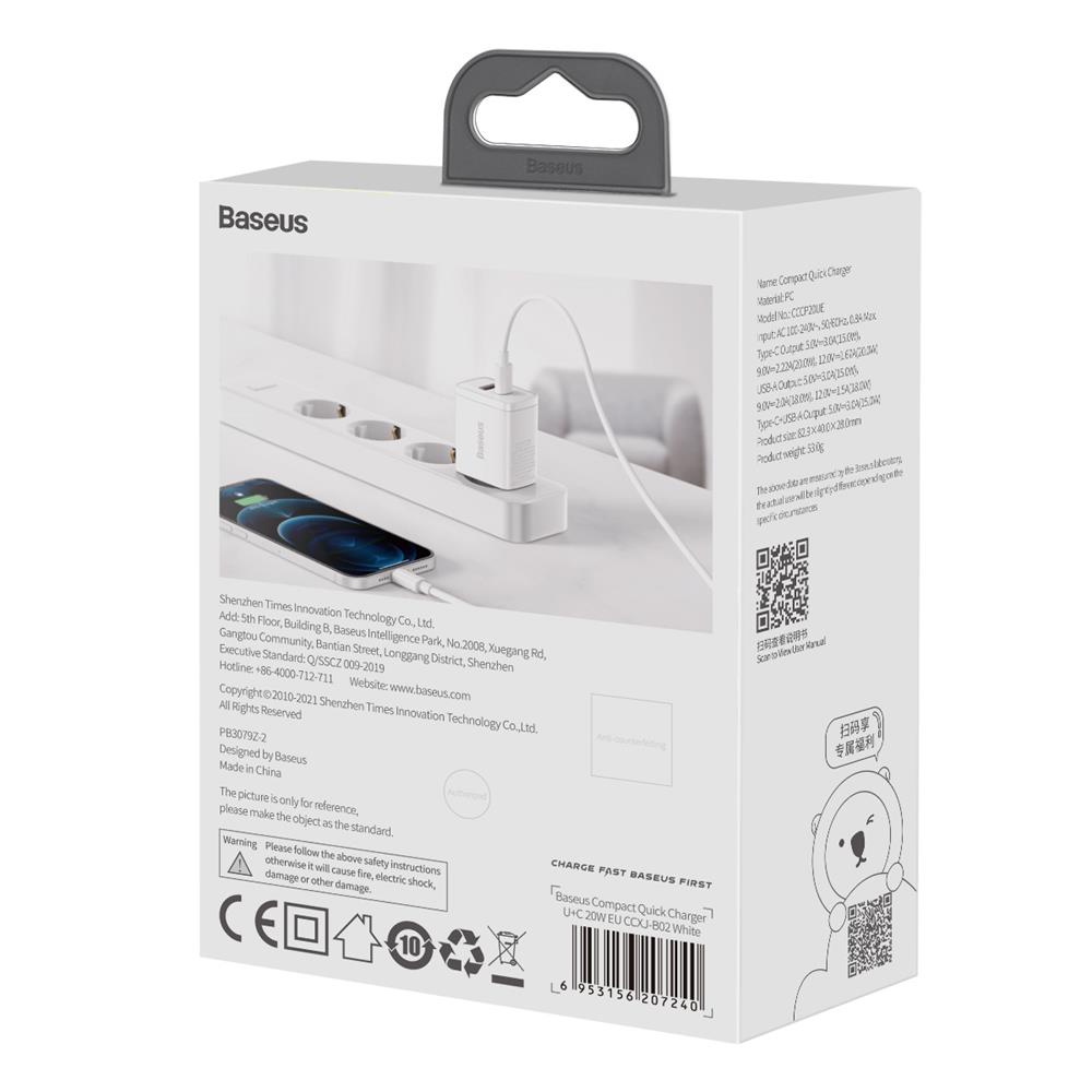 Baseus wall charger Compact PD 20W 1x USB-C 1x USB white
