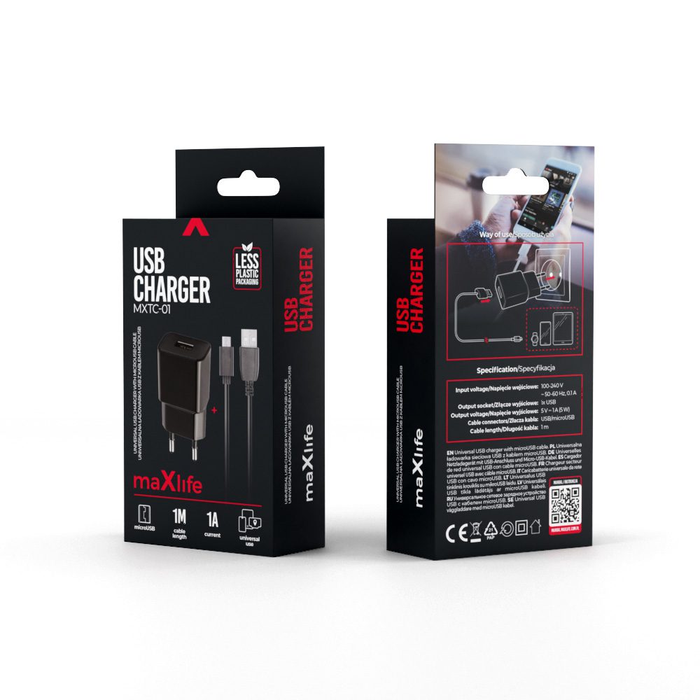 289865_oryg Maxlife MXTC-01 charger 1x USB 1A black + microUSB cable
