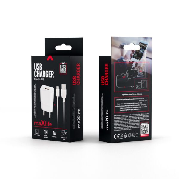 Maxlife MXTC-01 charger 1x USB 1A white + microUSB cable