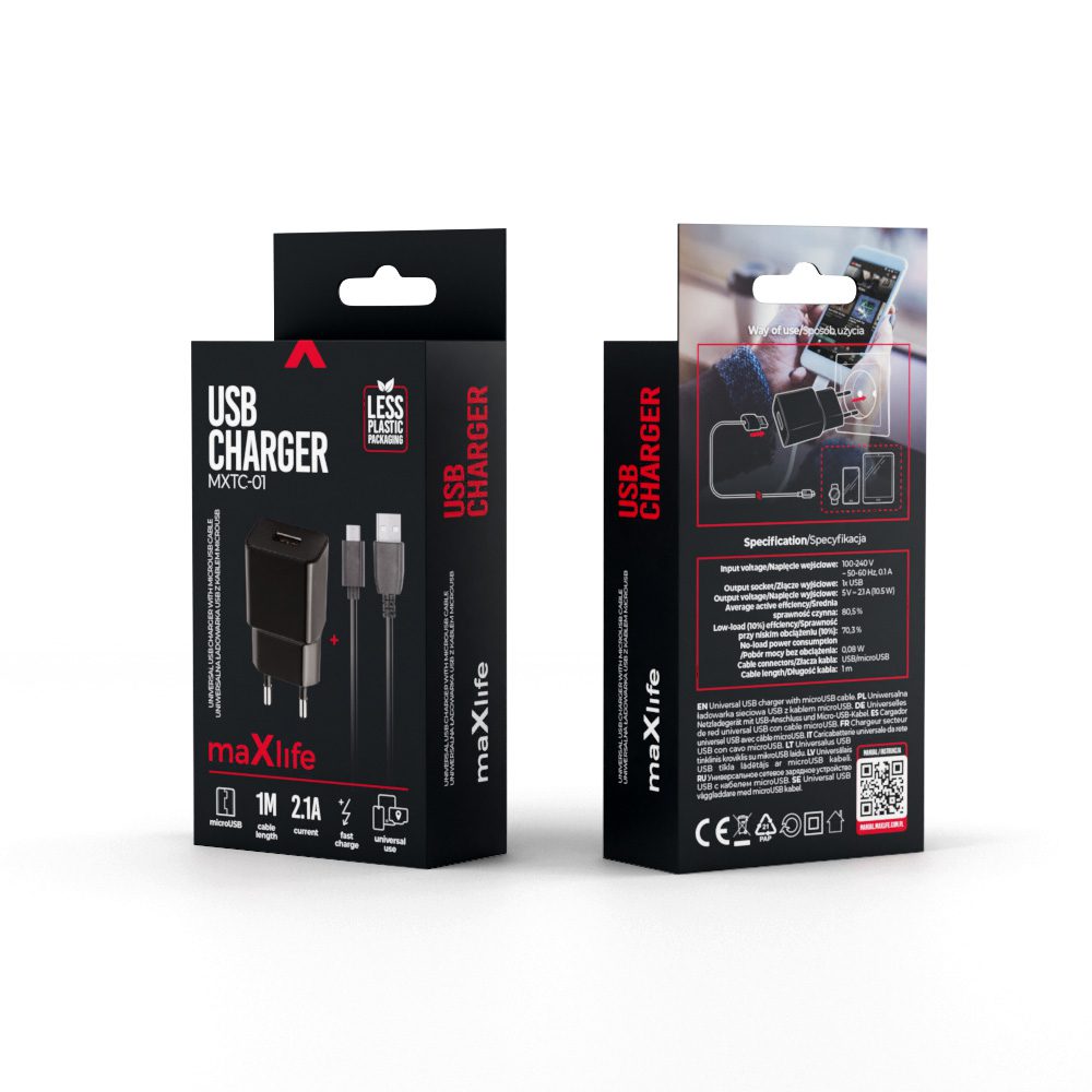 289871_oryg Maxlife MXTC-01 charger 1x USB 2.1A black + microUSB cable