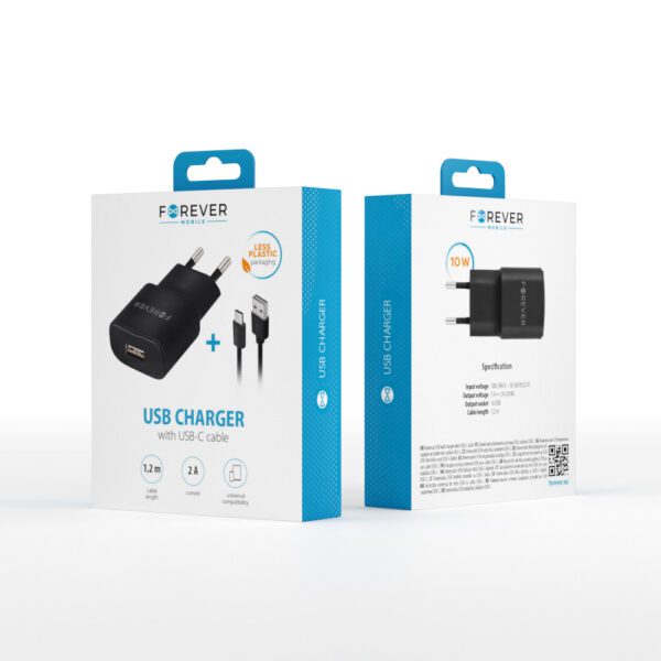Forever TC-01 charger 1x USB 2A black + USB-C cable